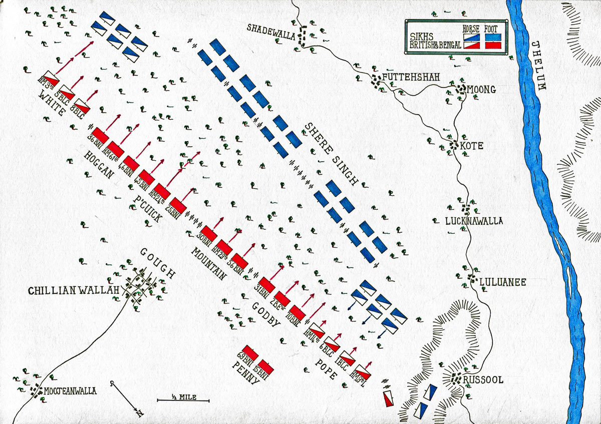 Map of the Battle of Chillianwallah on 13th January 1849 during the Second Sikh War: map by John Fawkes