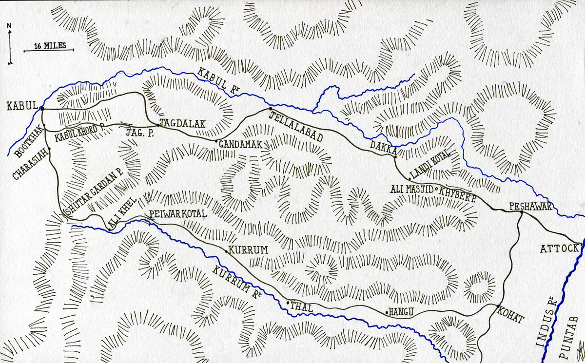 Map of the route from Kabul to Jellalabad and the border of India: Battle of Kabul and Retreat to Gandamak 1842 during the First Afghan War: map by John Fawkes