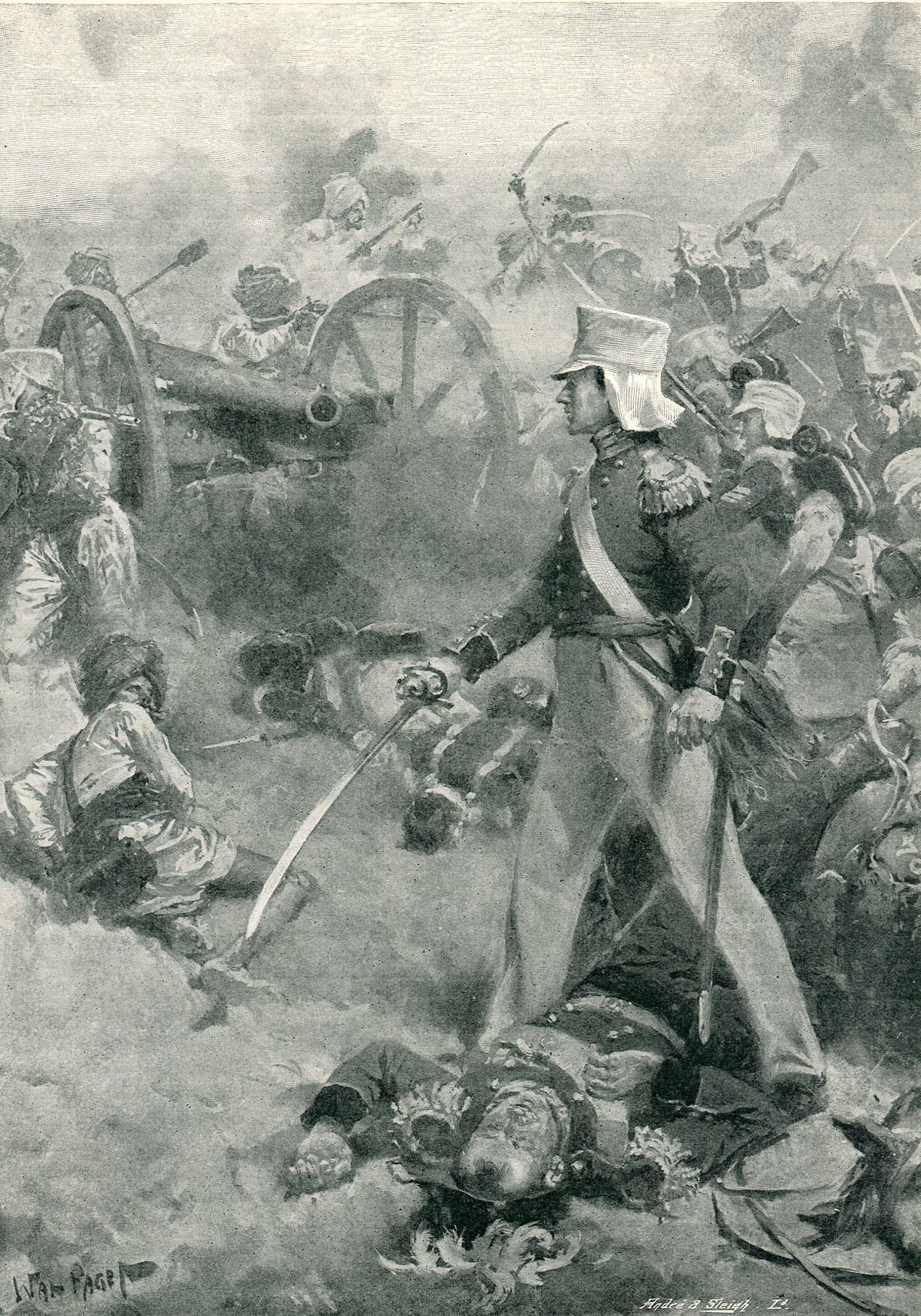 Brigadier Pennycuick's body defended by his son at the Battle of Chillianwallah on 13th January 1849 during the Second Sikh War: picture by Wal Paget