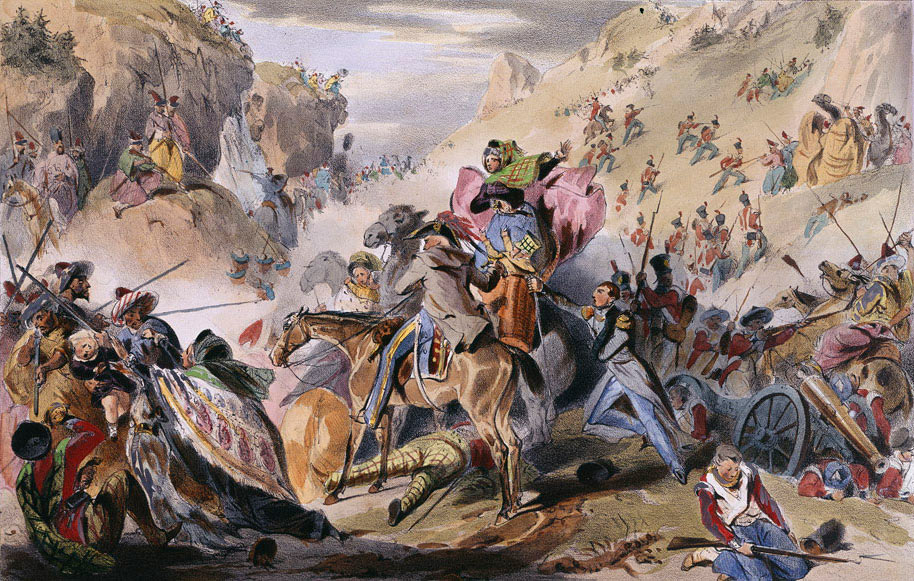 Afghan tribesmen attacking the Anglo-Indian army in the Koord Kabul pass: Battle of Kabul and Retreat to Gandamak 1842 during the First Afghan War