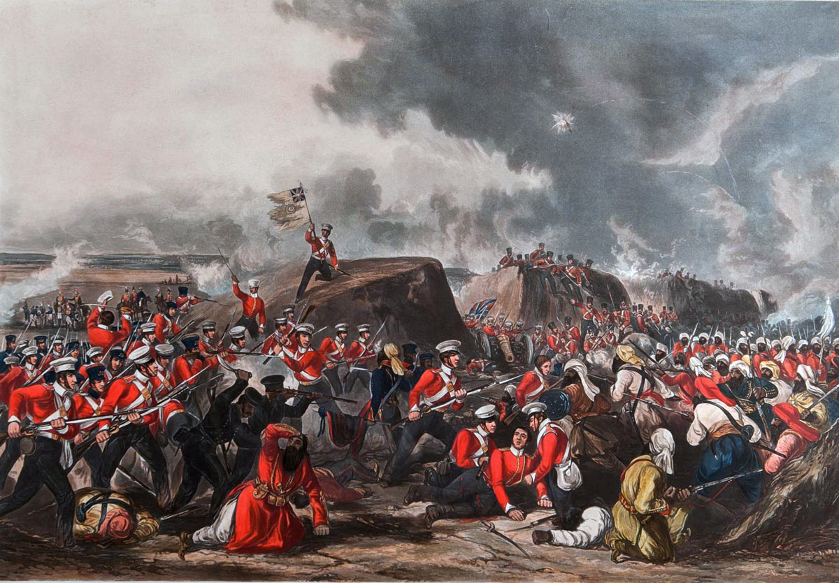 HM 31st Regiment at the Battle of Sobraon on 10th February 1846 during the First Sikh War: Sergeant McCabe is holding the Regimental Colour on the Sikh rampart