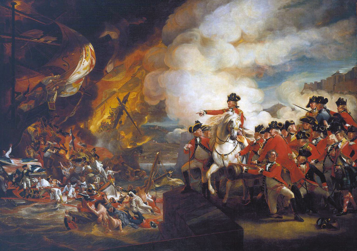 General Eliott watches the destruction of the Spanish Battering Ships on 13th September 1782 during the Siege of Gibraltar, 1779 to 1783 in the American Revolutionary War: picture by John Singleton Copley: buy this picture