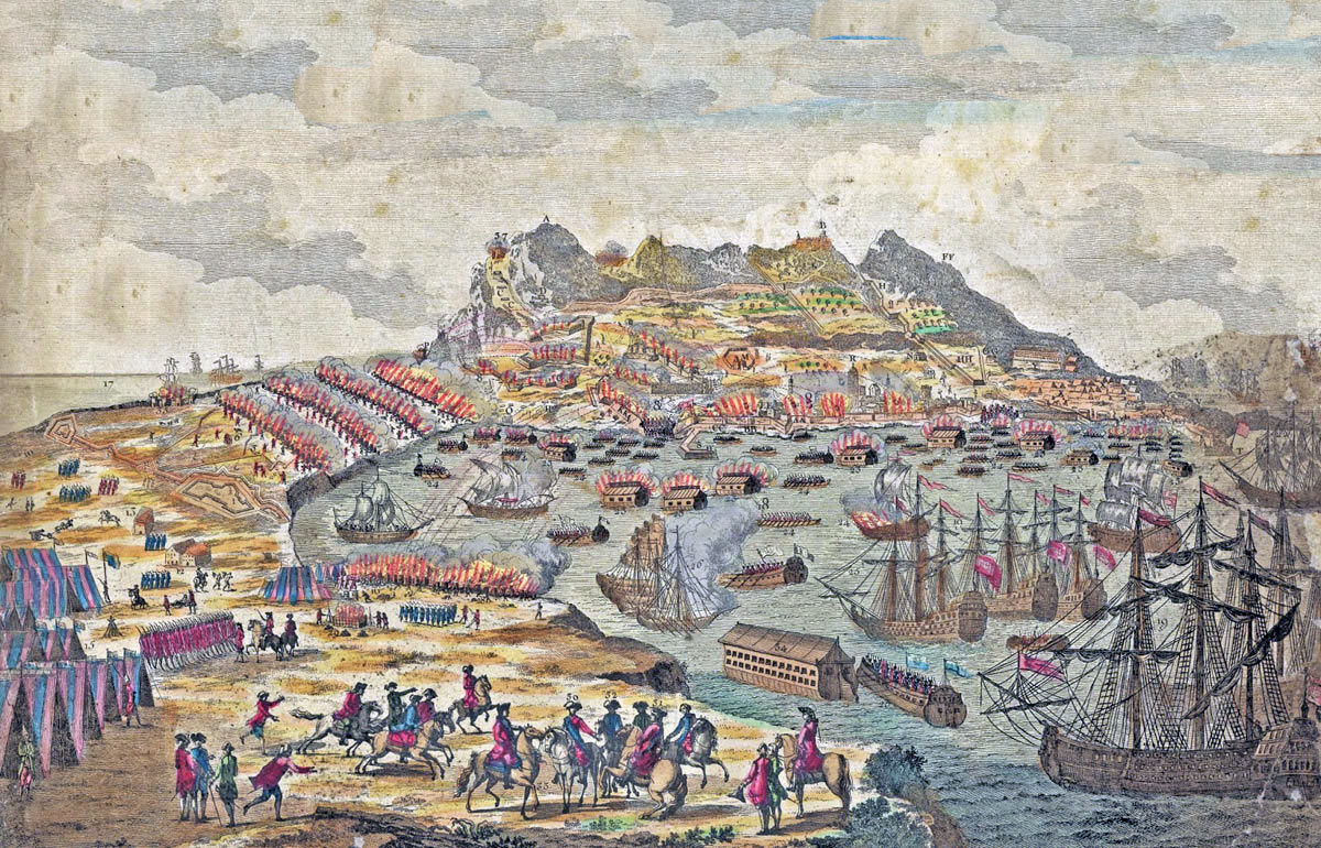 The attack on Gibraltar, using the Battering Ships and attacking by land on 13th September 1782: the Great Siege of Gibraltar from 1779 to 1783 during the American Revolutionary War: a print by Esnauts and Ropilby expressing how the Spanish and French expected the assault on Gibraltar to be executed