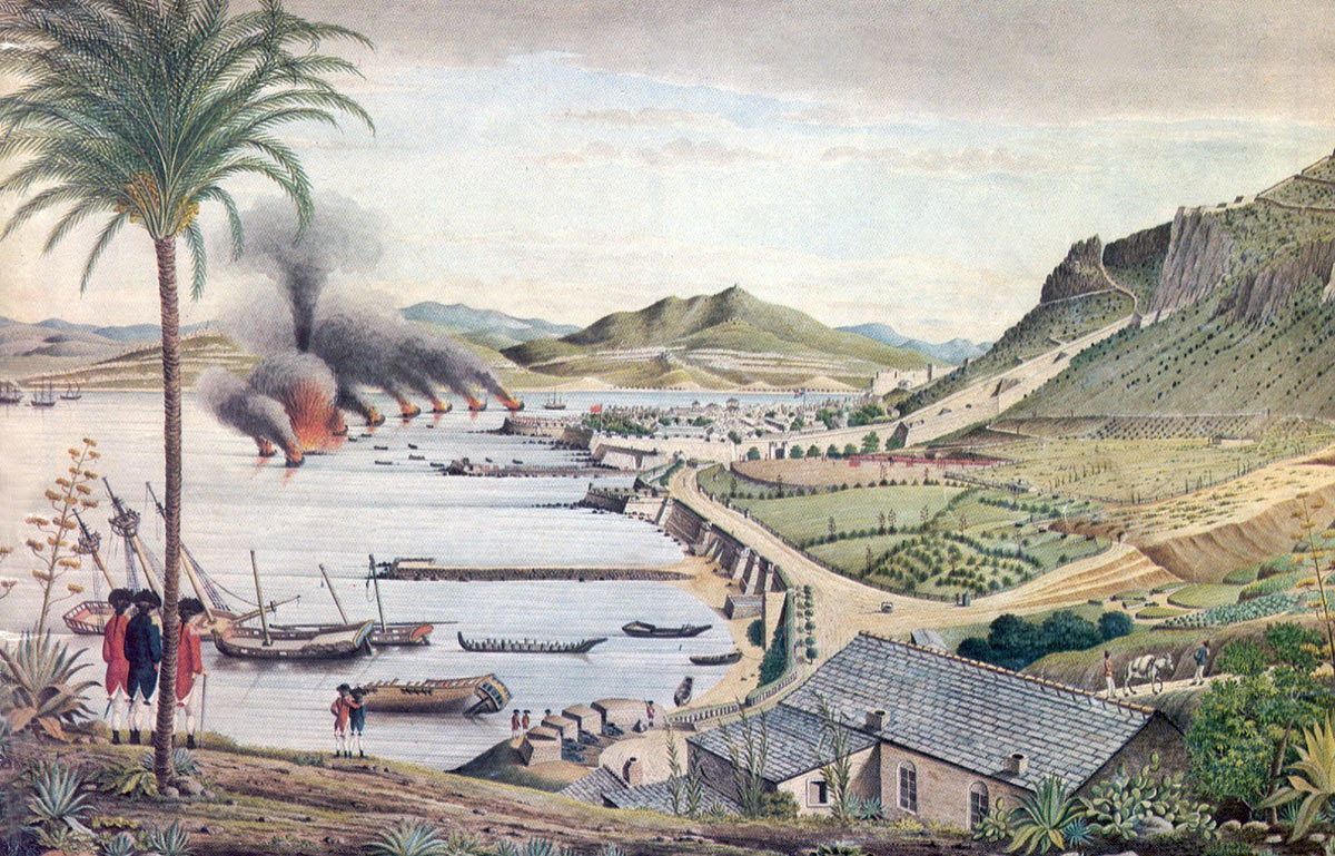 The Battering Ships set on fire during the attack on Gibraltar, 13th September 1782: the Great Siege of Gibraltar from 1779 to 1783 during the American Revolutionary War: picture by Thomas Davis