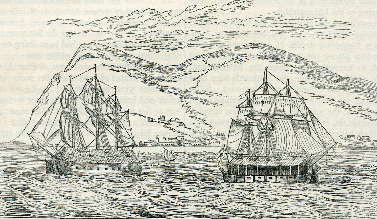 Spanish Battering Ships that attacked Gibraltar on 13th September 1782: the Great Siege of Gibraltar from 1779 to 1783 during the American Revolutionary War: port side on the left and starboard side on the right