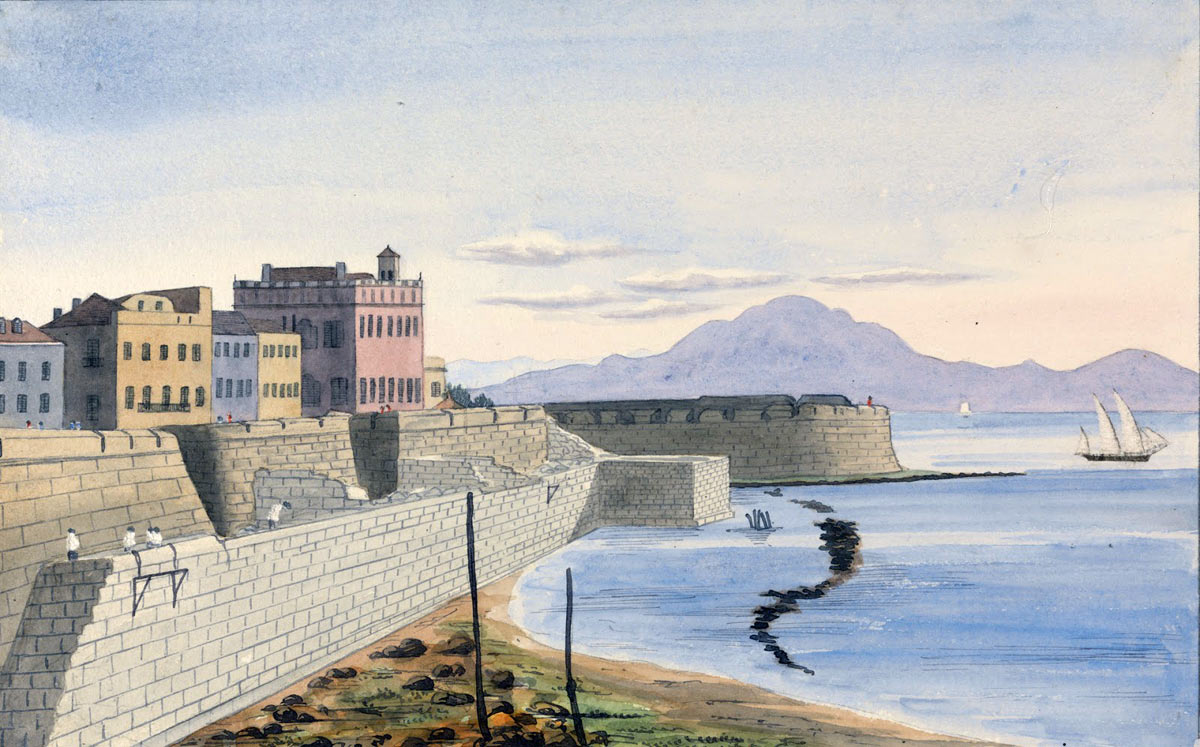 The King's Bastion on Gibraltar under construction, with Dejbal Musa on the Moroccan African coast in the distance: the Great Siege of Gibraltar from 1779 to 1783 during the American Revolutionary War