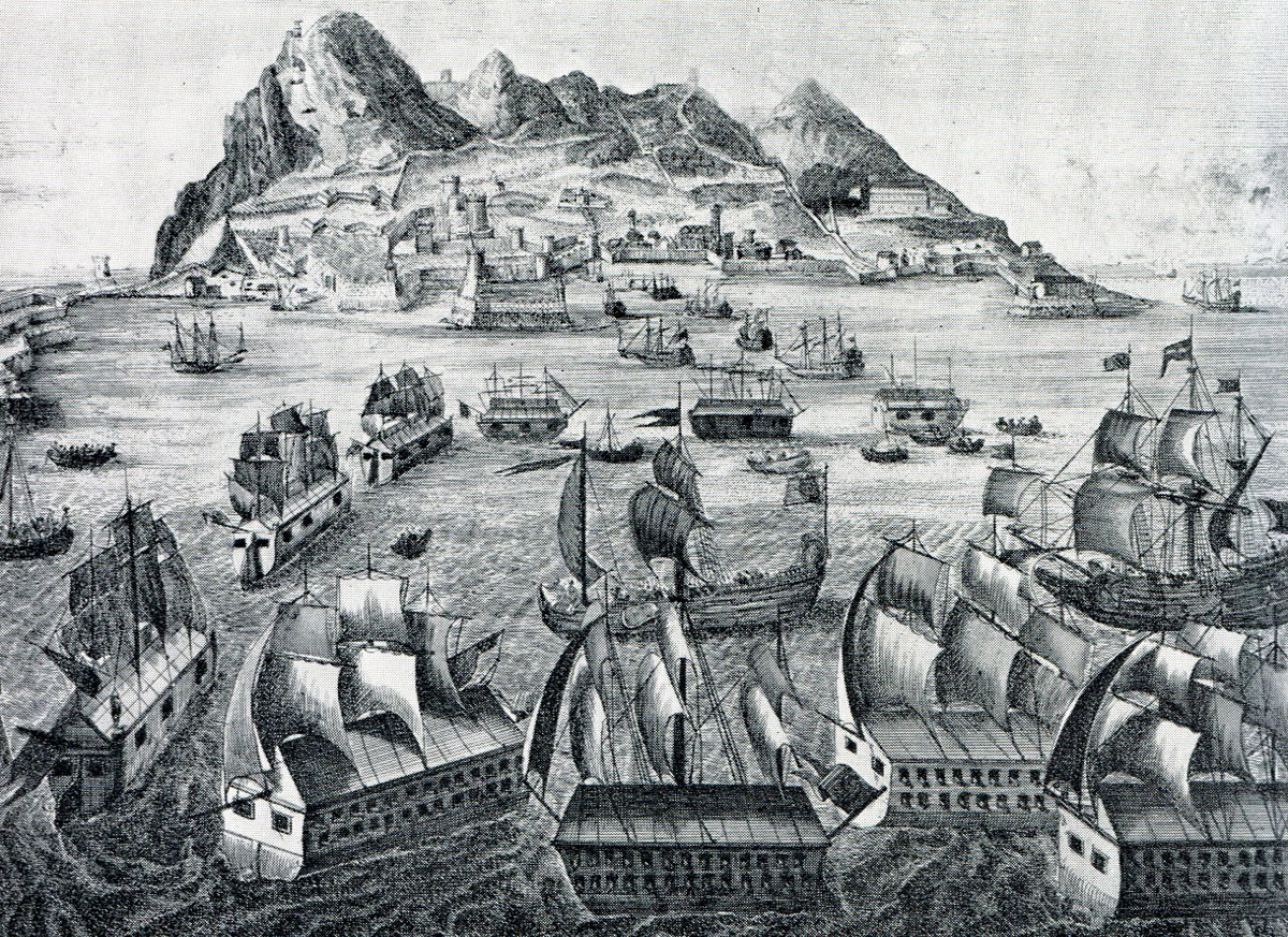 Spanish Battering Ships moving into position on 13th September 1782: the Great Siege of Gibraltar from 1779 to 1783 during the American Revolutionary War: engraving by Bergmuller