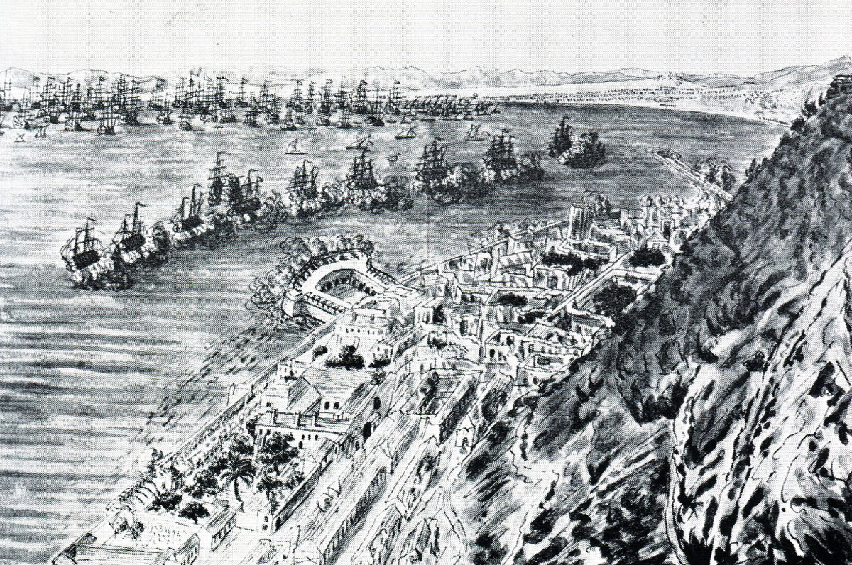 Spanish and French fleet headed by the Ten Battering Ships on 13th September 1782: the Great Siege of Gibraltar from 1779 to 1783 during the American Revolutionary War: eye witness sketch by Lieutenant G.F. Koehler