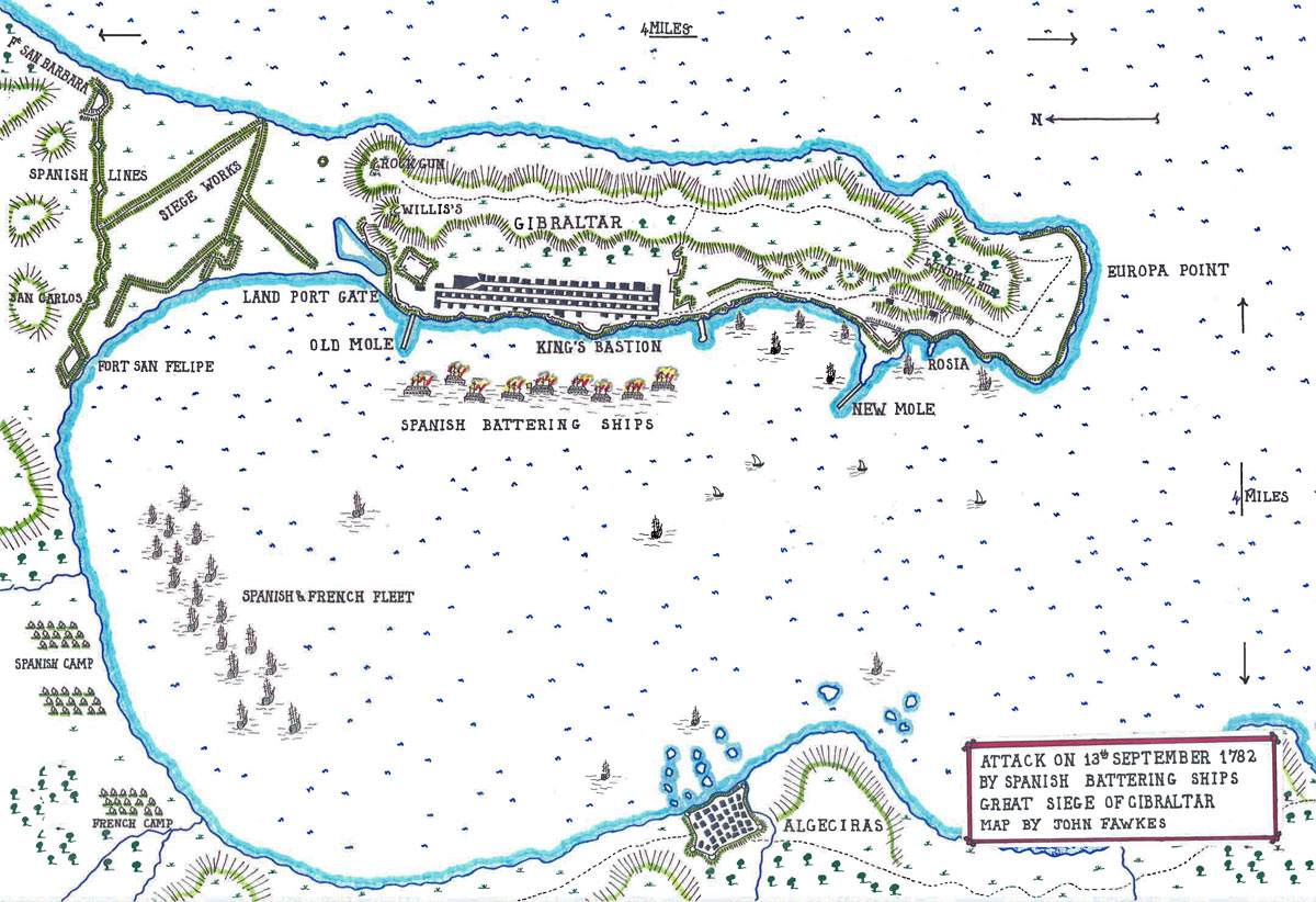 Map of the bombardment from the Spanish Battering Ships on 13th September 1782: the Great Siege of Gibraltar from 1779 to 1783 during the American Revolutionary War: map by John Fawkes