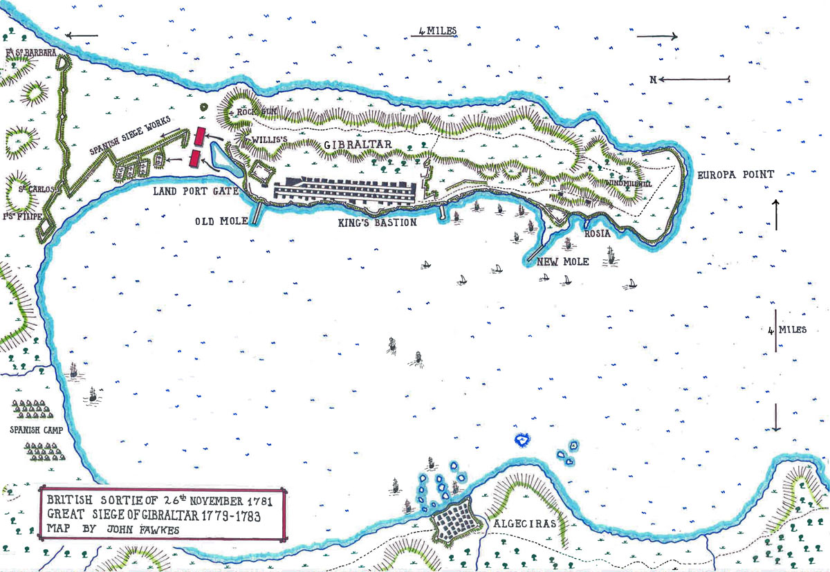 Map of the British Sortie on 26th November 1781: the Great Siege of Gibraltar from 1779 to 1783 during the American Revolutionary War: map by John Fawkes