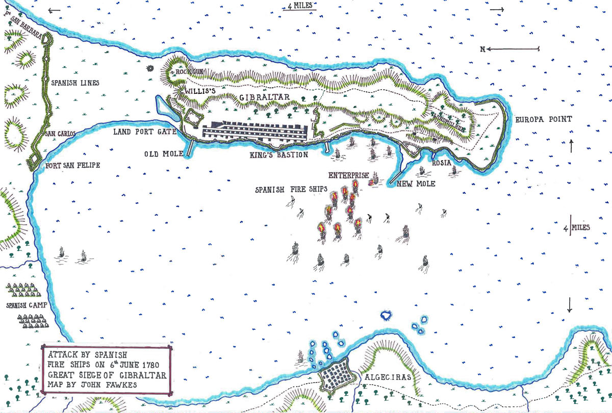 Map of the Spanish Fire Ship attack on the night of 6th/7th June 1780: the Great Siege of Gibraltar from 1779 to 1783 during the American Revolutionary War: map by John Fawkes