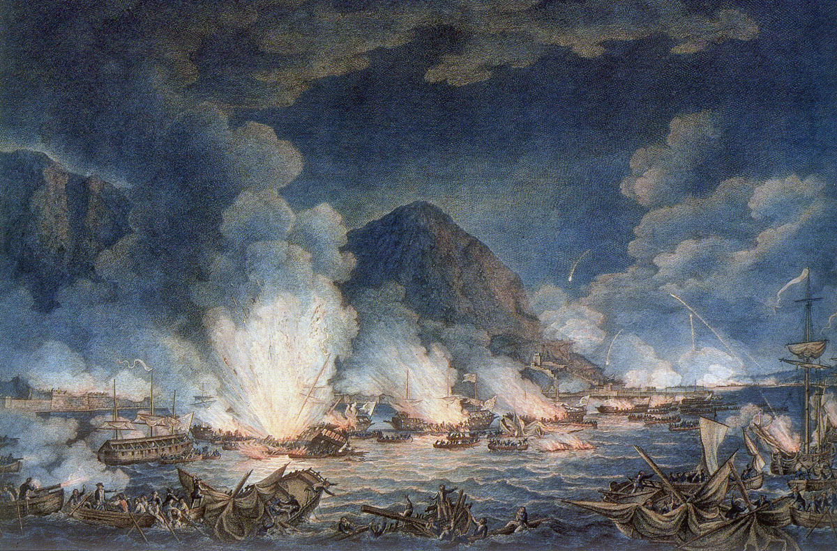 British sailors rescuing the Spanish crews from the exploding and sinking Battering Ships during the attack on Gibraltar, 13th September 1782: the Great Siege of Gibraltar from 1779 to 1783 during the American Revolutionary War