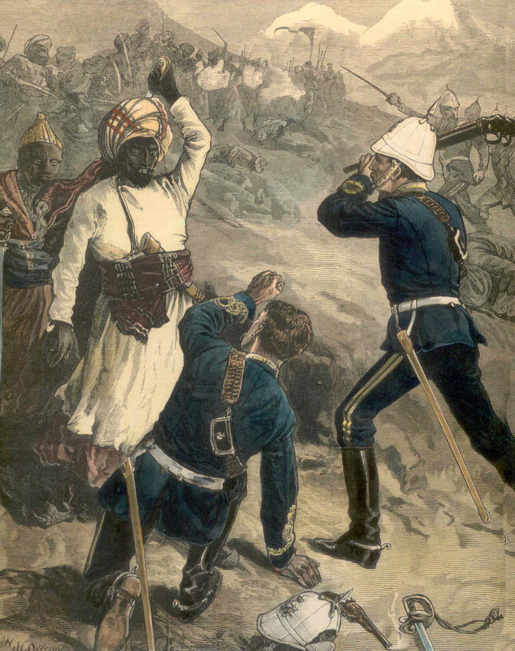 Lieutenant Fisher of the 10th Royal Hussars rescuing Lieutenant Wood of his regiment at the Battle of Futtehabad on 2nd April 1879 in the Second Afghan War