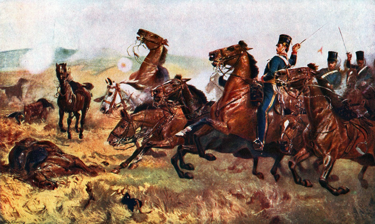 13th Light Dragoons in the Charge of the Light Brigade at the Battle of Balaclava on 25th October 1854 in the Crimean War: picture by John Charlton