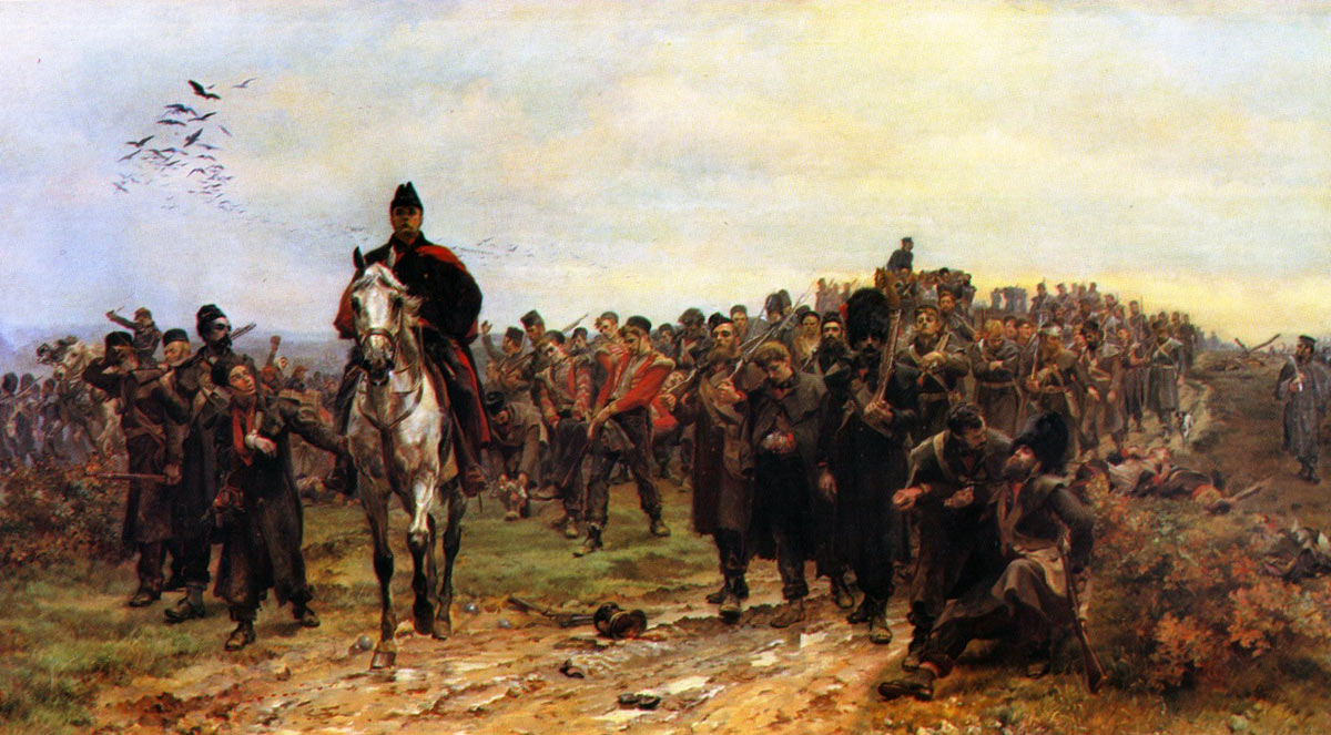 The 20th Regiment and Foot Guards returning from the Battle of Inkerman on 5th November 1854 in the Crimean War: picture by Lady Butler