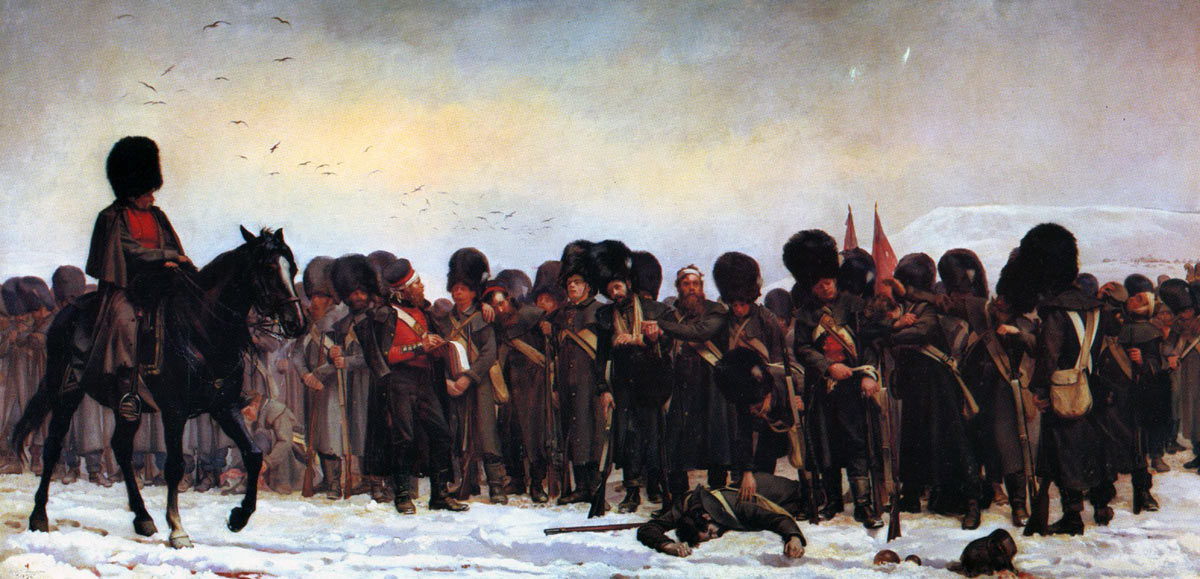 Roll call of the Grenadier Guards after the Battle of Inkerman on 5th November 1854 in the Crimean War: the mounted officer is Captain Higginson: picture by Lady Butler
