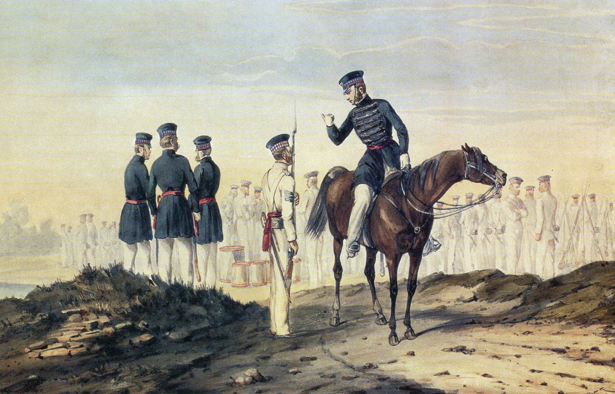Scots Fusilier Guards on exercise in England in 1853: Battle of the Alma on 20th September 1854 during the Crimean War: picture by Orlando Norie