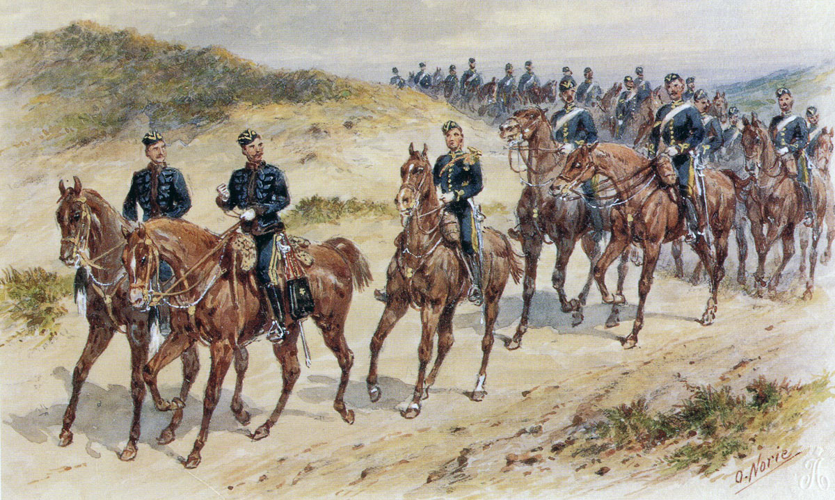 10th Royal Hussars on exercise in England after the war: Battle of Futtehabad on 2nd April 1879 in the Second Afghan War: picture by Orlando Norie