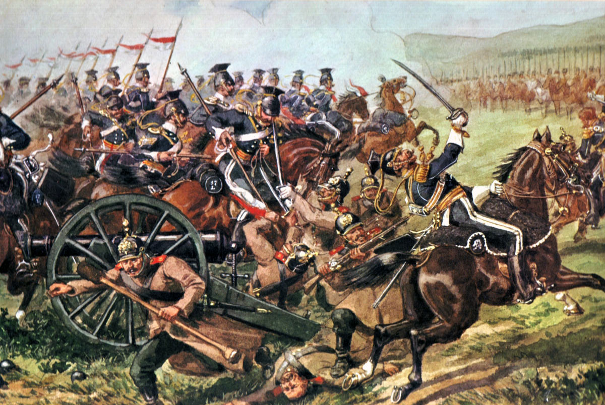 17th Lancers in the Charge of the Light Brigade at the Battle of Balaclava on 25th October 1854 in the Crimean War: picture by Richard Simkin
