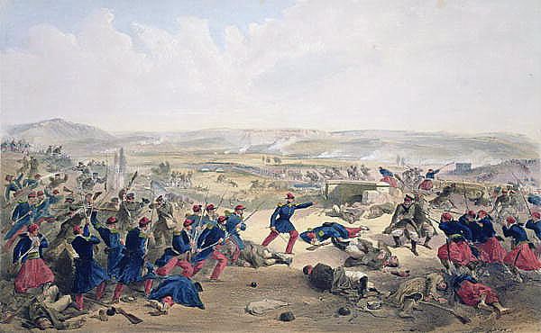 French, Turkish and Sardinian infantry driving back the Russians at the Battle of the Tchernaya on 16th August1855: Siege of Sevastopol September 1854 to September 1855