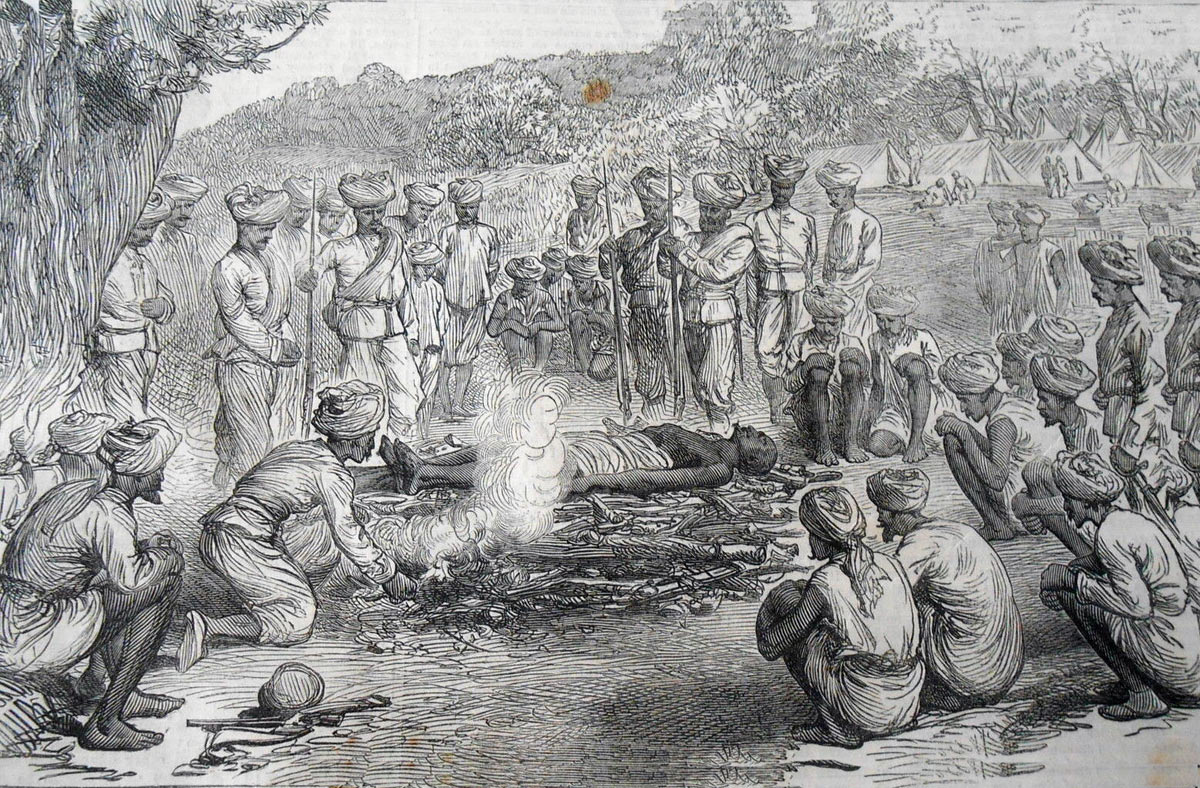 Hindu troops burning their dead after the Battle of Peiwar Kotal on 2nd December 1878 in the Second Afghan War