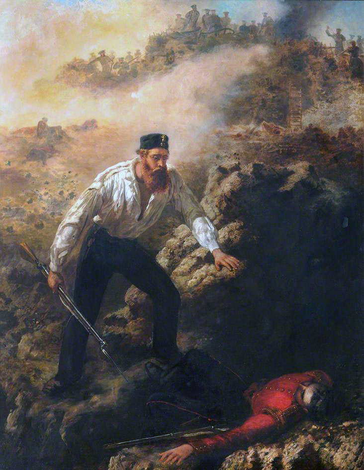 Corporal Robert Shields of the Royal Welch Fusiliers, winning the Victoria Cross on 8th June 1855 at Sevastopol, by bringing in his wounded adjutant Lieutenant Dyneley: picture by Louis Desanges