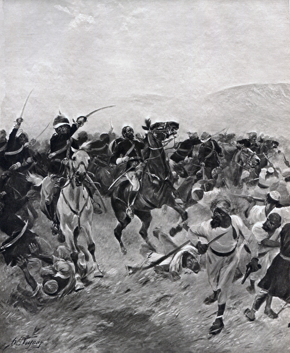 Death of Major Wigram Battye of the Queen's Own Corps of Guides at the Battle of Futtehabad on 2nd April 1879 in the Second Afghan War: picture by Henri Dupray