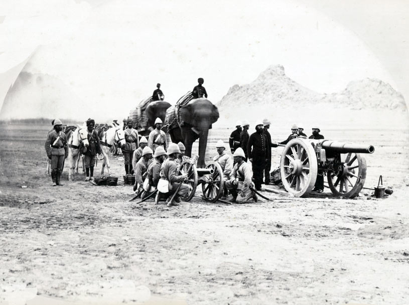British Royal Artillery Elephant Battery with RBL 40 pounder Armstrong Gun and Mountain Battery with RML 7 Pounder gun: Battle of Ali Masjid on 21st November 1878 in the Second Afghan War