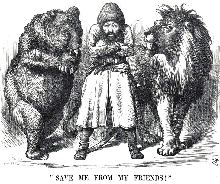 A cartoon showing Sher Ali, the Amir of Afghanistan, between the Russian Bear and the British Lion: Battle of Ali Masjid on 21st November 1878 in the Second Afghan War