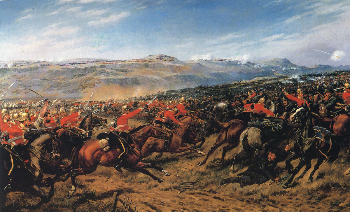 Charge of the Heavy Brigade at the Battle of Balaclava on 25th October 1854 in the Crimean War: picture by Godfrey Douglas Giles
