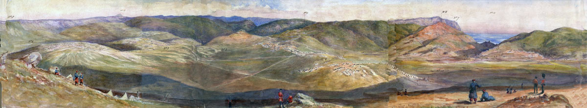 Panoramic view of the scene of the Charge of the Heavy Brigade in the Battle of Balaclava on 25th October 1854 in the Crimean War: water colour by Lieutenant Colonel Dawkins of the Coldstream Guards