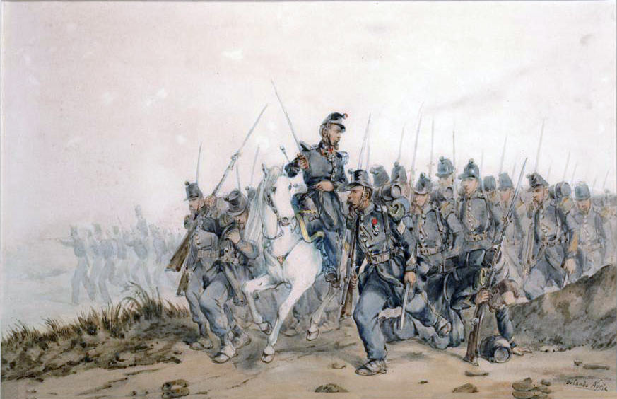 French troops of Prince Napoleon's division advance at the Battle of the Alma on 20th September 1854 during the Crimean War: picture by Orlando Norie