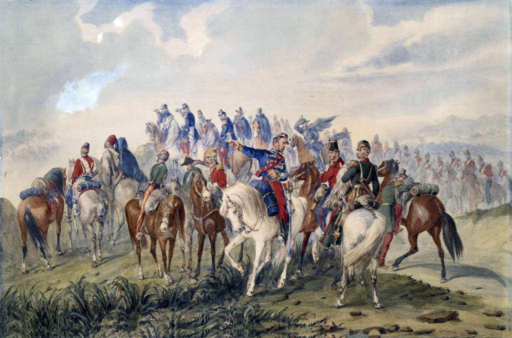 The staff of the French commander-in-chief, Marshal Saint-Arnaud at the Battle of the Alma on 20th September 1854 during the Crimean War: picture by Orlando Norie