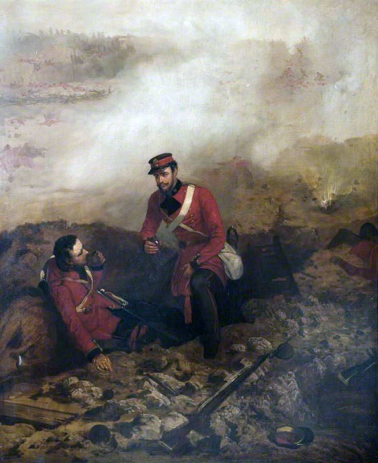 Lieutenant William Hope of 7th Royal Fusiiers winning the Victoria Cross by coming to the aid of his adjutant Lieutenant Hobson: Siege of Sevastopol September 1854 to September 1855 in the Crimean War: picture by Louis Desanges