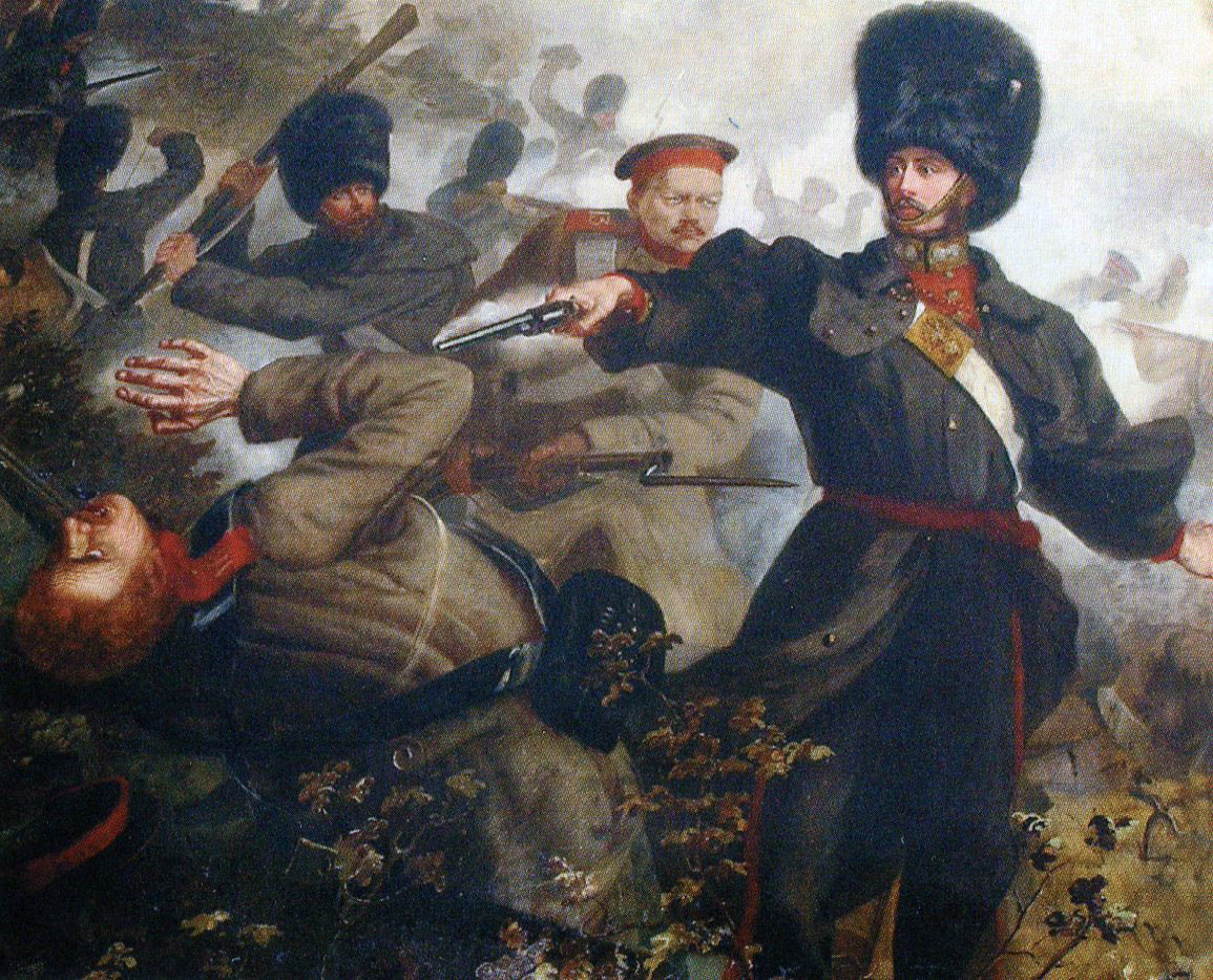 Lieutenants Russell and Palmer of the Grenadier Guards winning Victoria Crosses at the Battle of Inkerman on 5th November 1854 during the Crimean War: picture by Louis Desanges