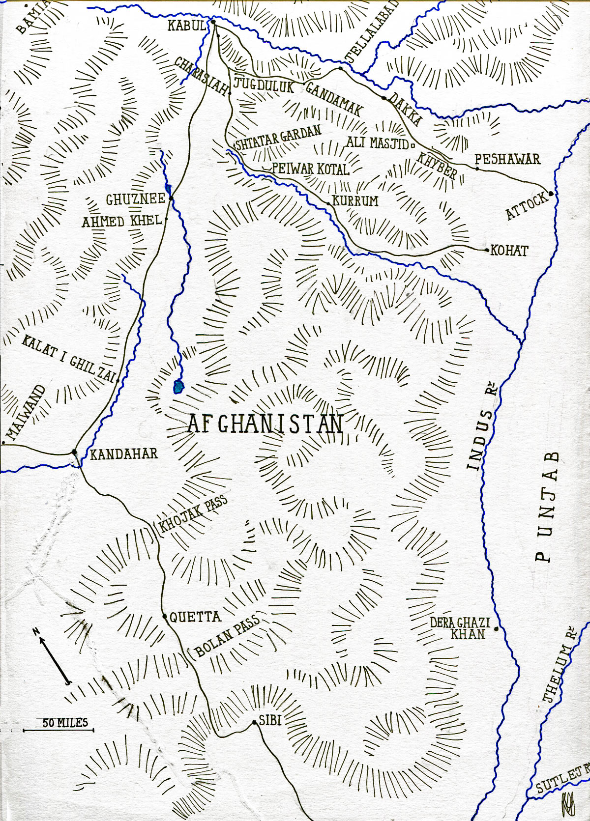 Map of Afghanistan, showing the battle sites of the Second Afghan War: Ali Masjid, Peiwar Kotal, Charasiab and Kabul in the north-east: Ahmed Khel in the centre and Maiwand and Kandahar in the south: map by John Fawkes