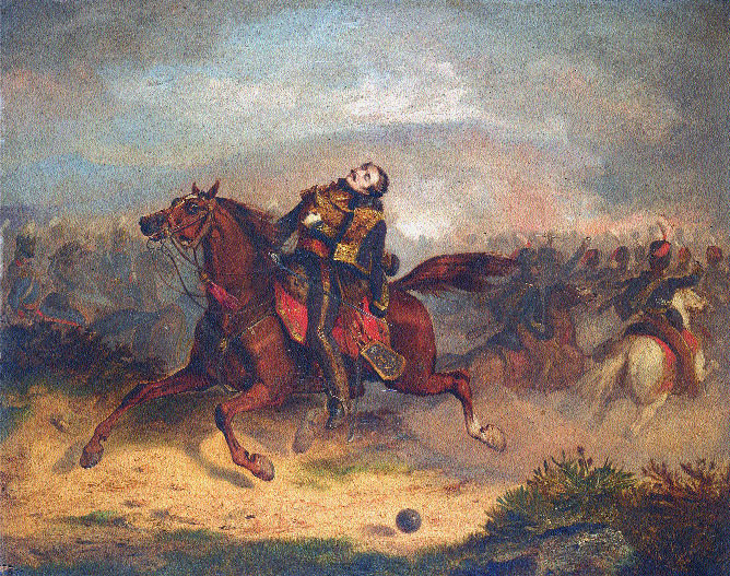 Death of Captain Lewis Nolan in the Charge of the Light Brigade at the Battle of Balaclava on 25th October 1854 in the Crimean War: picture by Thomas Jones Barker