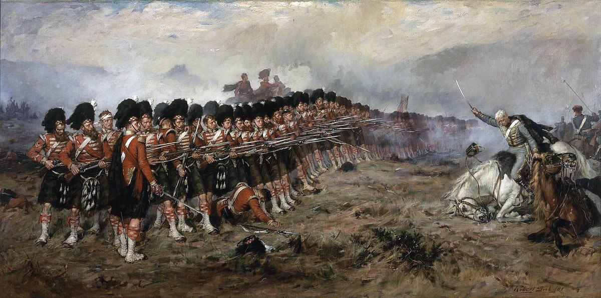 The Thin Red Line tipped with steel: 93rd Highlanders at the Battle of Balaclava on 25th October 1854 in the Crimean War: picture by Robert Gibb