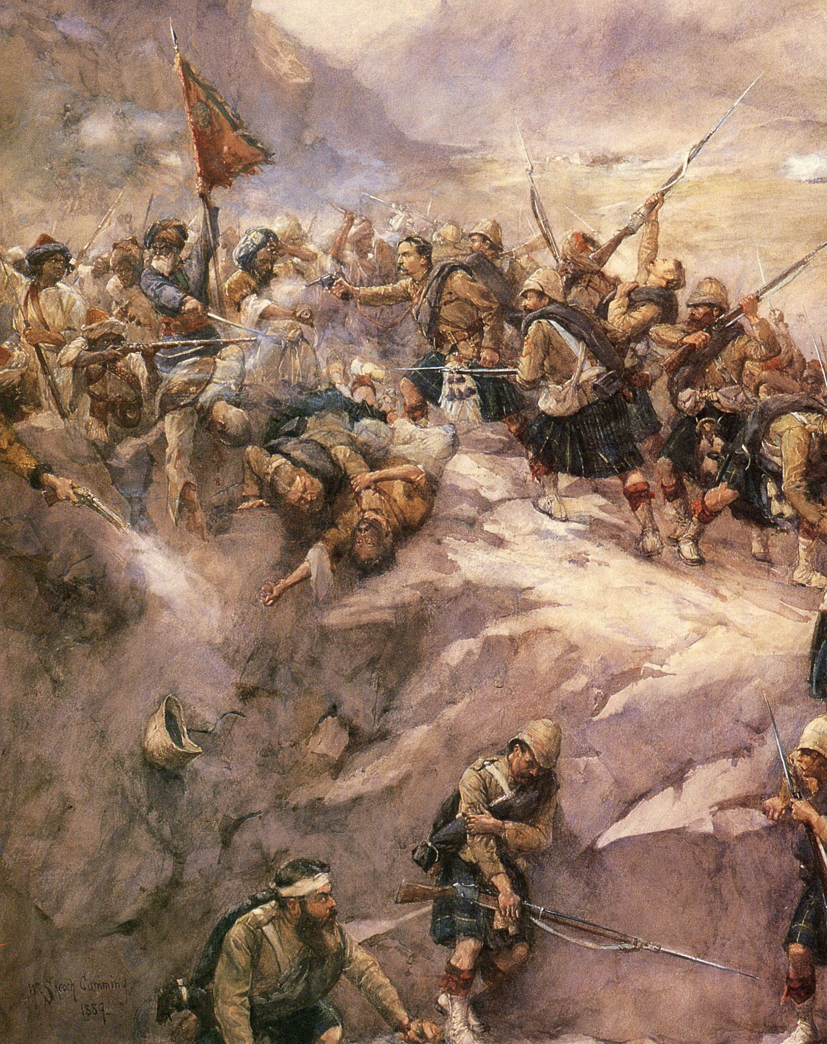 92nd Highlanders storming the heights at the Battle of Charasiab on 9th October 1879 in the Second Afghan War