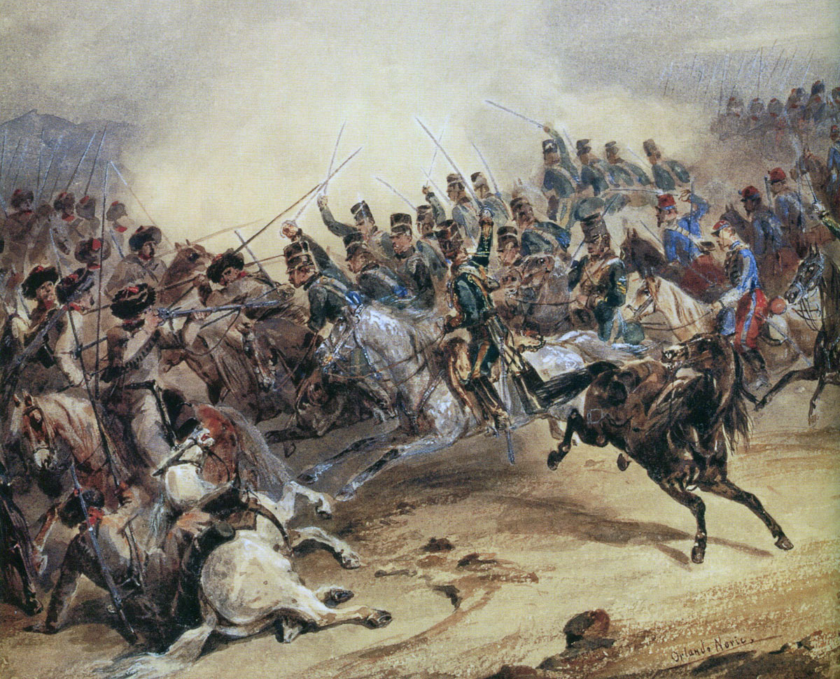 British 10th Hussars and French Chasseurs D'Afrque driving back the Russians at the Battle of the Tchernaya: Siege of Sevastopol September 1854 to September 1855: picture by Orando Norie