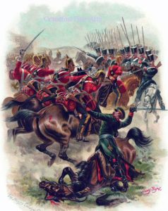 The Inniskilling Dragoons in the Charge of the Heavy Brigade at the Battle of Balaclava on 25th October 1854 in the Crimean War: picture by Harry Payne