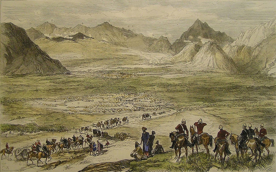 View of the Battle of Charasiab on 9th October 1879 in the Second Afghan War: the River Logar is beyond the mountains on the right