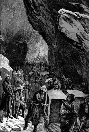 Casualties removed from the battlefield in dhoolies: Battle of Peiwar Kotal on 2nd December 1878 in the Second Afghan War