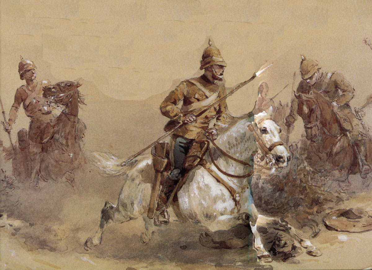 10th Hussars charging with native spears: Battle of Tamai on 13th March 1884 in the Sudanese War: picture by Orlando Norie