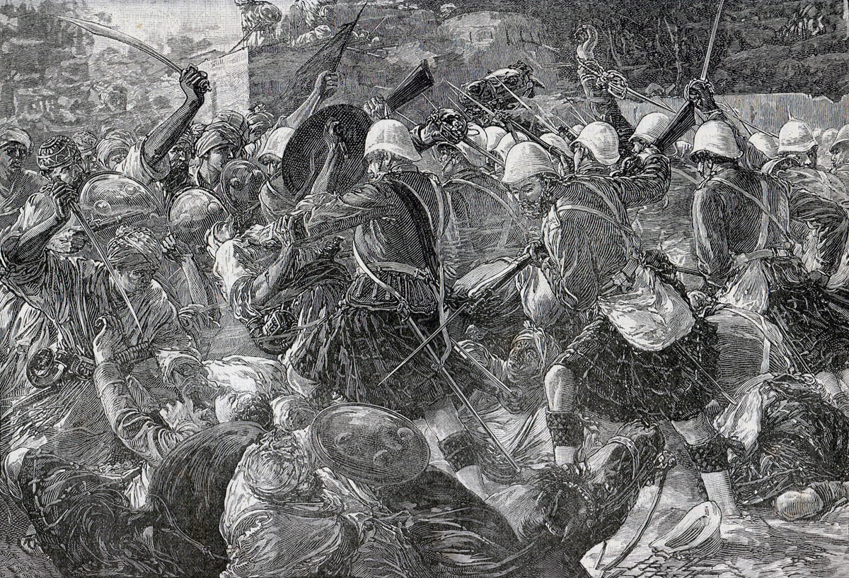 92nd Highlanders attacking Gaudi-Mullah-Sahibdad during the Battle of Kandahar on 1st September 1880 in the Second Afghan War