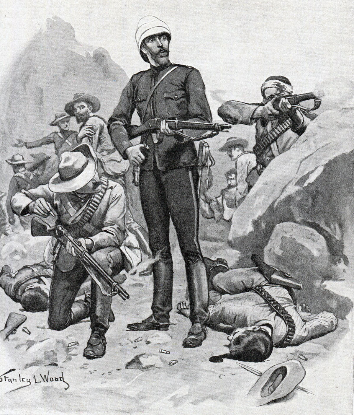 Colonel Buller and his men on Hlobane Mountain: Battle of Khambula on 29th March 1879 in the Zulu War: picture by Stanley Wood