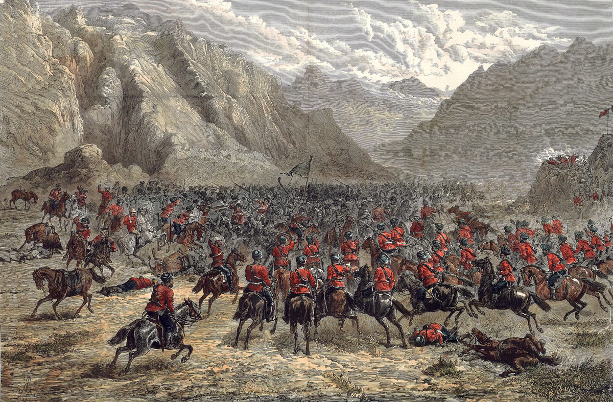 British and Punjab cavalry attacking the Afghans in the Chardeh Valley at the Battle of Kabul in December 1879 during the Second Afghan War