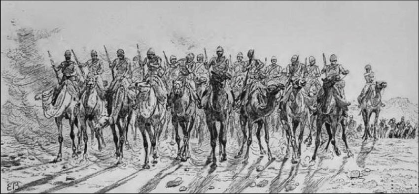 The Desert Column marches out from Korti: Battle of Abu Klea on 17th January 1885 in the Sudanese War: drawing by Lady Butler
