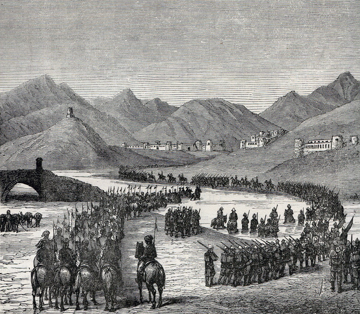 General Ross's division crossing the Logar River, marching to meet General Stewart's division: Battle of Ahmed Khel on 19th April 1880 in the Second Afghan War