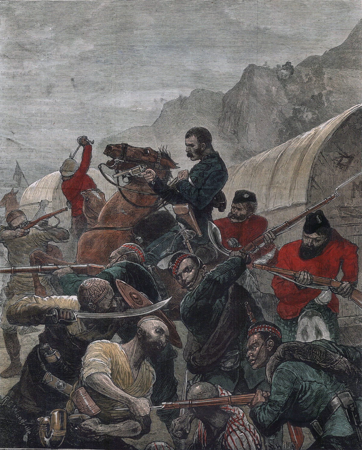 2nd Gurkhas and Highlanders repelling an Afghan attack during the march to Kandahar: Battle of Kandahar on 1st September 1880 in the Second Afghan War